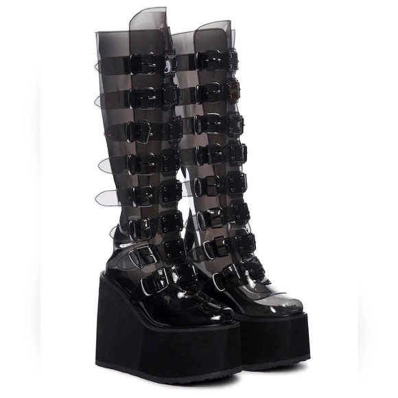 DEMONIA Trinity Clear Vinyl Knee High Platform Boots Buckles Smoke Gray Black 9 - Picture 13 of 14